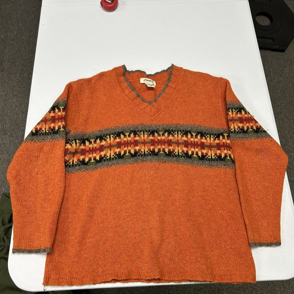Eddie Bauer V-Neck Sweater Womens Petite S Orange Wool Blend Fair Isle USA Made